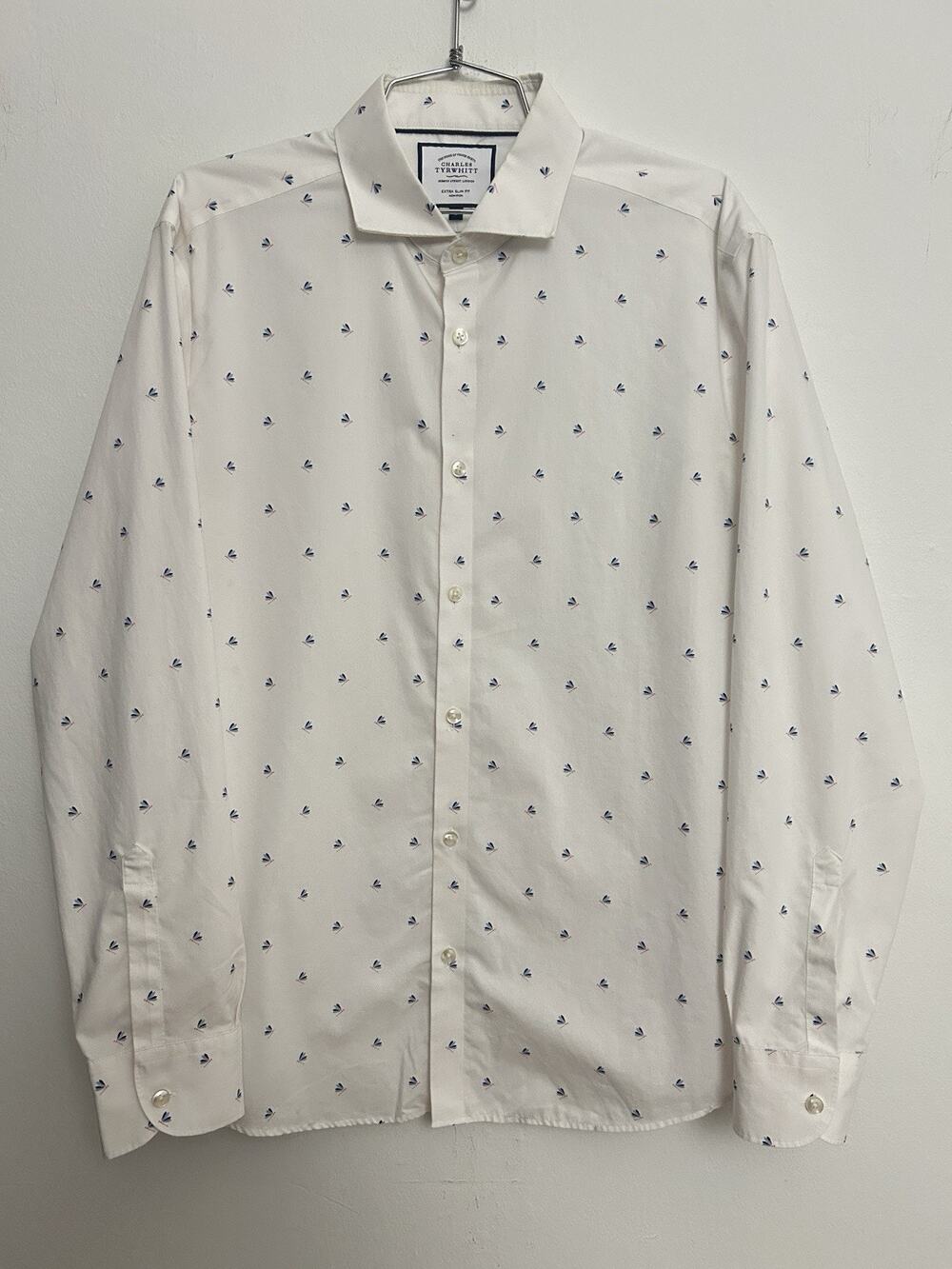 Charles Tyrwhitt Men’s L Extra Slim Fit Sailboat Print Cotton Shirt White